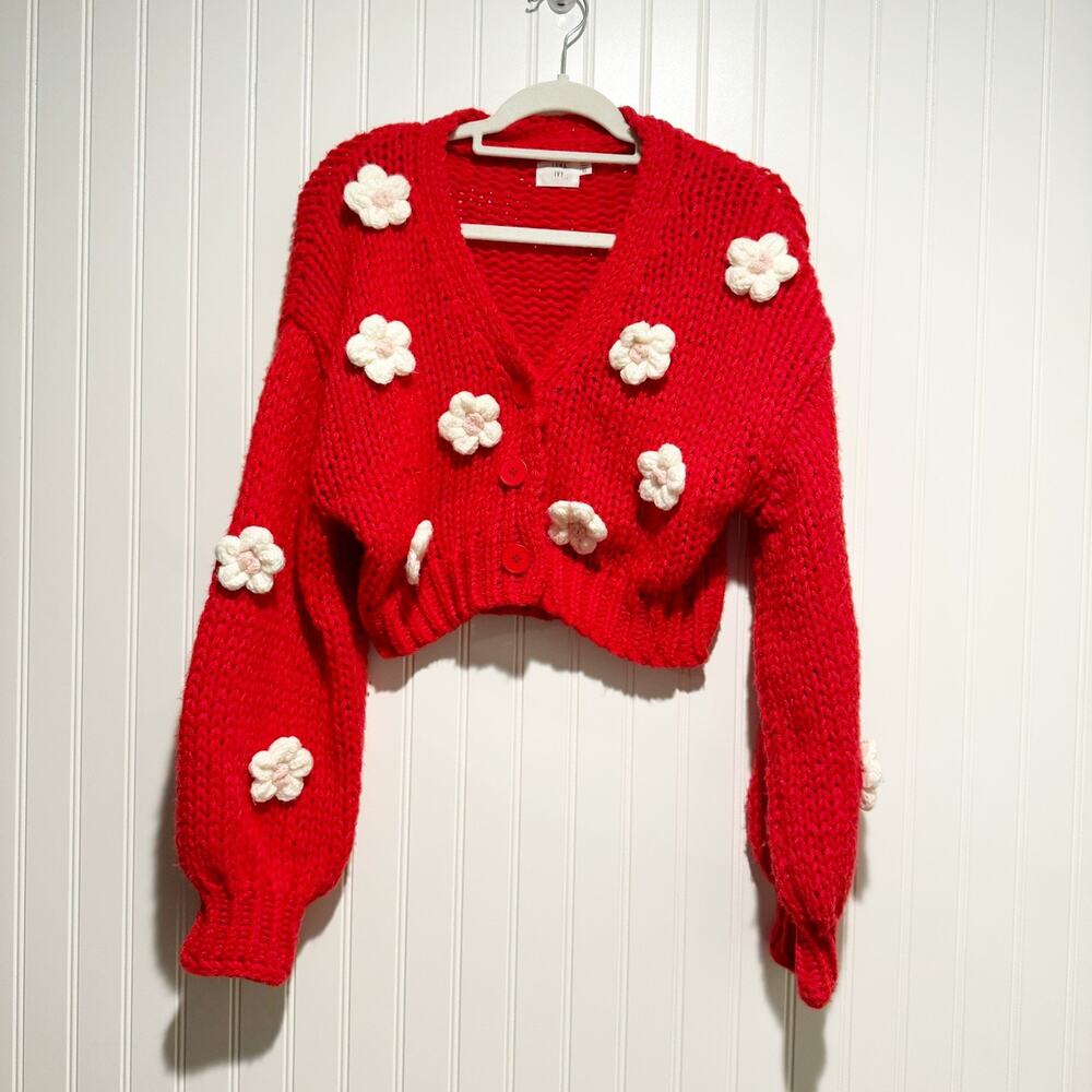 Luna Ivy Red Floral Cardigan Sweater Chunky Knit Size XS - Picture 2 of 7